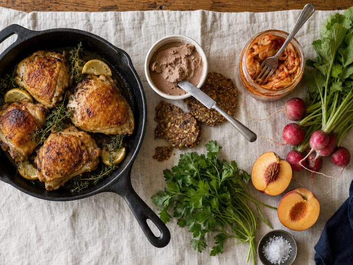 Overhead view of a cream linen cloth on a wooden table: a cast-iron skillet of roasted bone-in, skin-on chicken thighs with lemon slices and thyme, a white ramekin of chicken liver pâté with a butter knife, seeded crackers, an open glass jar of kimchi with a fork, a bunch of radishes with their greens, fresh parsley, a halved peach, a small bowl of flaky salt, and a folded navy napkin at the edge.