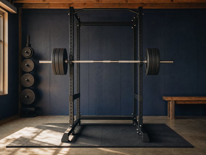 A clean garage gym with a barbell racked in a power rack, loaded with 45-pound plates for a heavy back squat, on a swept concrete floor.