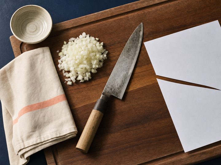 An overhead flat-lay on a deep navy surface: a well-used chef's knife with a wooden handle rests diagonally across a warm walnut cutting board. On one side, a small mound of finely, evenly diced yellow onion and a small speckled ceramic bowl. On the other side, a folded cream linen napkin with a single peach stripe. To the right, a sheet of white printer paper cleanly sliced through, showing the knife-edge test.