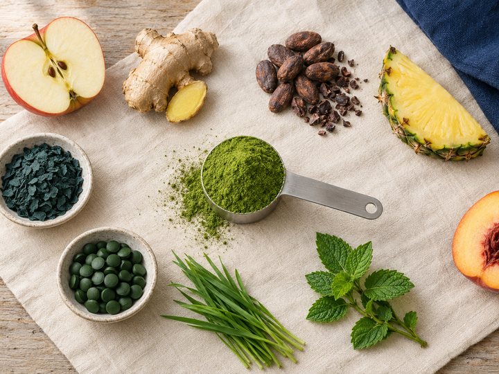Overhead view of a cream linen cloth on a weathered wooden table: a steel measuring scoop heaped with green superfood powder at the center, a little spilled beside it, surrounded by half a red apple, a knob of ginger root with one slice cut, a pile of cocoa beans and nibs, a wedge of pineapple, a ceramic bowl of dried spirulina flakes, a ceramic bowl of chlorella tablets, a bundle of wheatgrass, a sprig of mint, a halved peach, and a folded navy napkin in the corner.