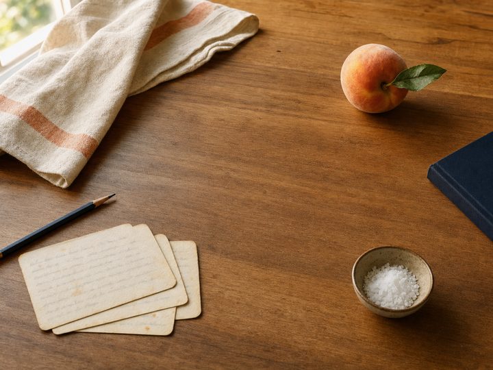 A warm wooden kitchen counter with an open space at the center, surrounded by a cream linen towel with peach stripes, a ripe peach, a pencil, worn recipe cards, a bowl of flaky salt, and the cropped edge of a navy notebook.