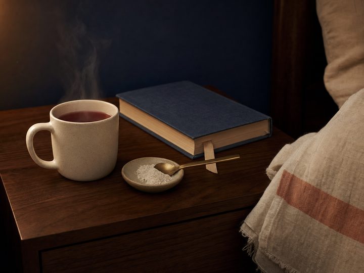 A quiet nightstand still-life at night, warm amber lamp light off-frame: a cream ceramic mug of steaming tart cherry herbal tea sits on a dark walnut nightstand, a navy hardcover book with a fabric bookmark rests behind it, a small ceramic dish holds a scoop of magnesium powder with a brass spoon, and a cream linen throw with a peach stripe drapes softly at the edge of frame. Deep navy wall in shadow behind. No phone anywhere in the scene.
