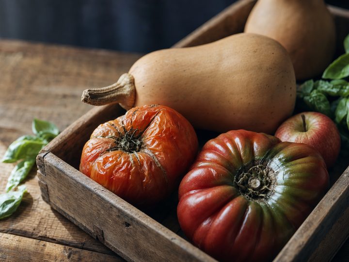A shallow wooden crate on a weathered wood table holding two ripe heirloom tomatoes, one russet-orange with wrinkled skin and one red with green shoulders, with a tan butternut squash and its attached stem lying behind them out of focus, a red apple at the right edge, and loose basil leaves scattered on the table.