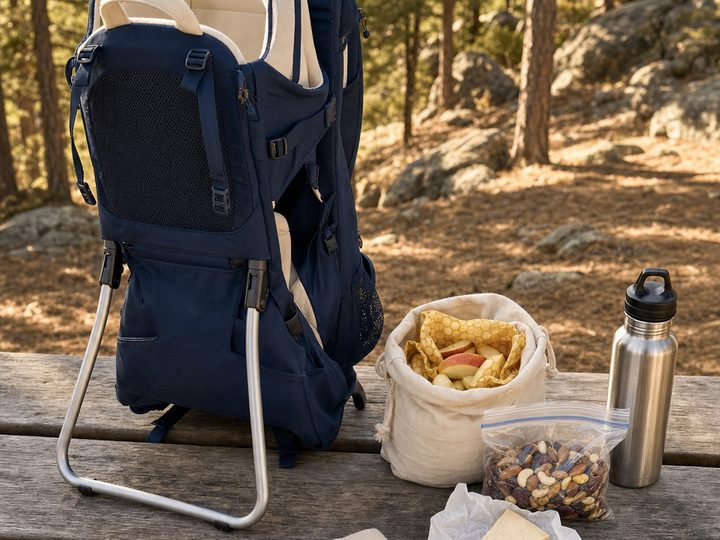 A trailhead scene on a rough wooden picnic table with sun-dappled pine forest and granite behind: a deep navy child-carrier hiking backpack standing upright on its aluminum kickstand frame, cream padded harness visible at the top. To the right of the carrier, a small open canvas snack bag showing apple slices in a beeswax wrap, a zip bag of homemade trail mix, a wedge of hard cheese in wax paper, and a stainless water bottle. In the foreground, a cream toddler bucket sun hat, a folded cream linen towel with peach stripes, and a small pair of hiking sandals.