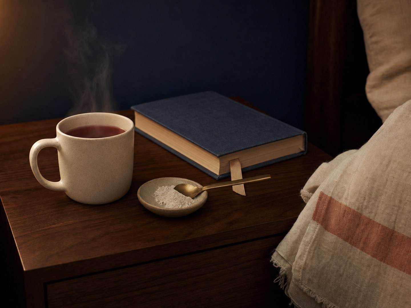A quiet nightstand still-life at night, warm amber lamp light off-frame: a cream ceramic mug of steaming tart cherry herbal tea sits on a dark walnut nightstand, a navy hardcover book with a fabric bookmark rests behind it, a small ceramic dish holds a scoop of magnesium powder with a brass spoon, and a cream linen throw with a peach stripe drapes softly at the edge of frame. Deep navy wall in shadow behind. No phone anywhere in the scene.