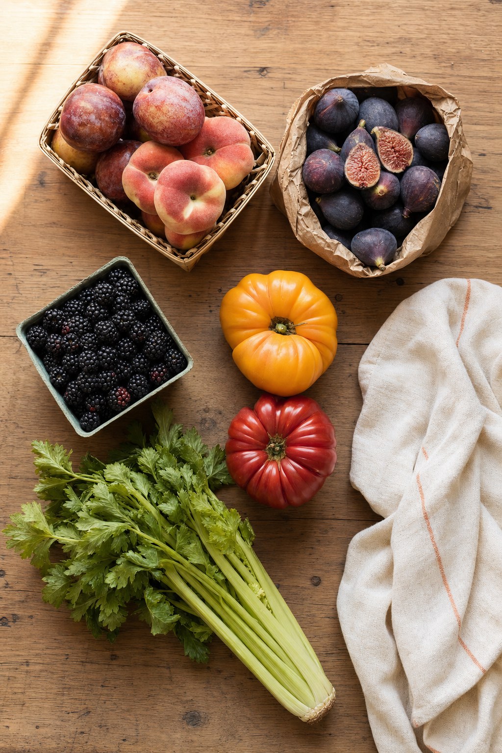 An overhead flatlay on a warm wooden farmers market table: a small crate of pluots and donut peaches, a paper bag of figs split open, a pint of blackberries, two heirloom tomatoes, a bundle of celery still on the stalk, and a linen towel with a peach stripe.