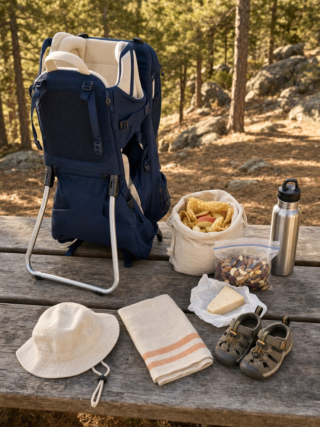 A trailhead scene on a rough wooden picnic table with sun-dappled pine forest and granite behind: a deep navy child-carrier hiking backpack standing upright on its aluminum kickstand frame, cream padded harness visible at the top. To the right of the carrier, a small open canvas snack bag showing apple slices in a beeswax wrap, a zip bag of homemade trail mix, a wedge of hard cheese in wax paper, and a stainless water bottle. In the foreground, a cream toddler bucket sun hat, a folded cream linen towel with peach stripes, and a small pair of hiking sandals.