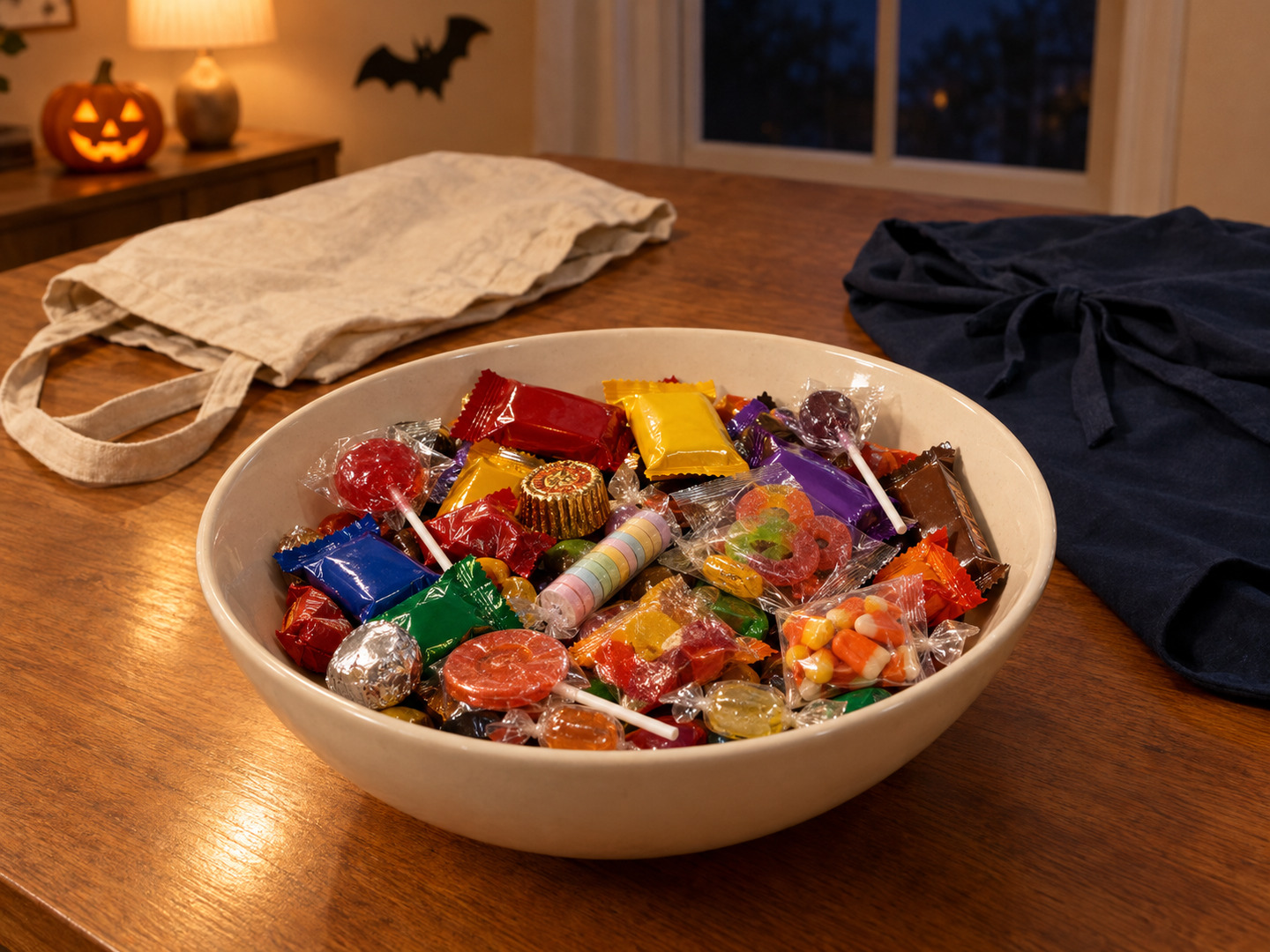 A cream bowl of assorted wrapped candy, lollipops, gummies and candy corn on a wooden table at night, with a flattened canvas trick-or-treat bag, folded navy cape, warm lamp, glowing jack-o'-lantern and bat decoration.